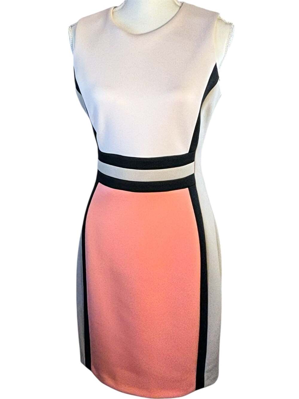 Calvin Klein Peach, Ivory and Black Colorblock Sheath Dress